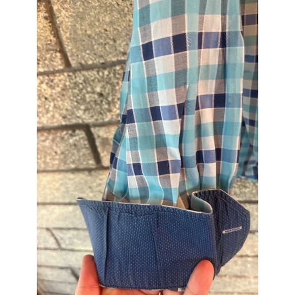 Bugatchi Classic Fit Mens Long Sleeve Button-Up Shirt Blue & White Plaid Pattern - Picture 8 of 10